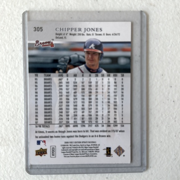 NEW 1st Edit. Upper Deck Chipper Jones 2008 card 305 in hard protective sleeve - Picture 2 of 3